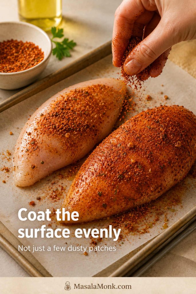 Raw chicken breast being coated with paprika garlic seasoning before baking.