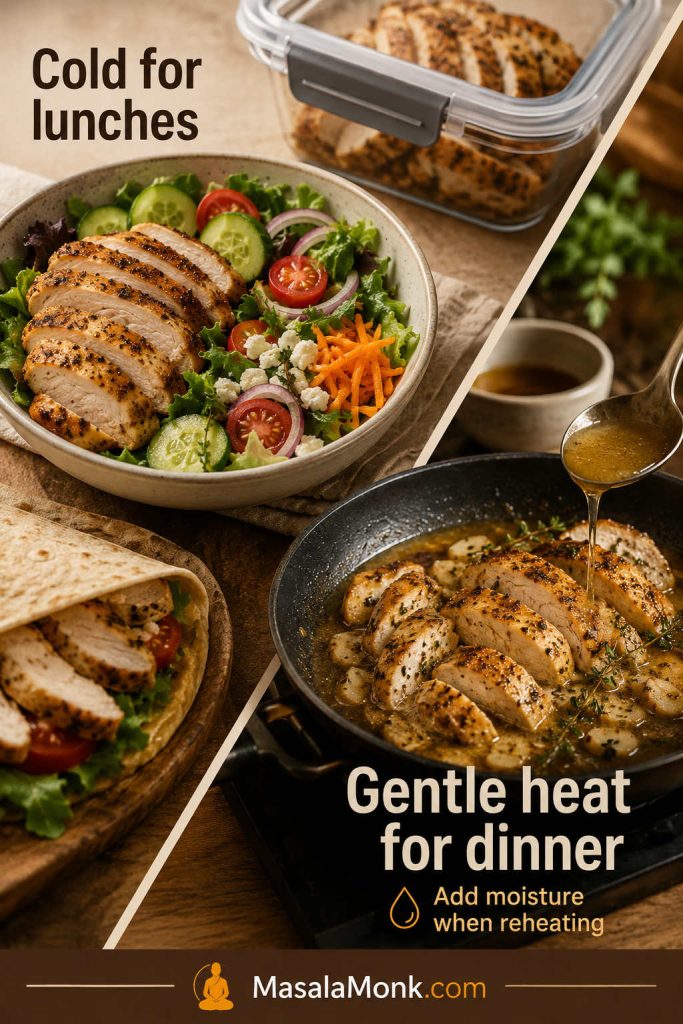 Baked chicken breast used cold in salad and wraps, plus sliced chicken reheated gently with moisture in a pan.
