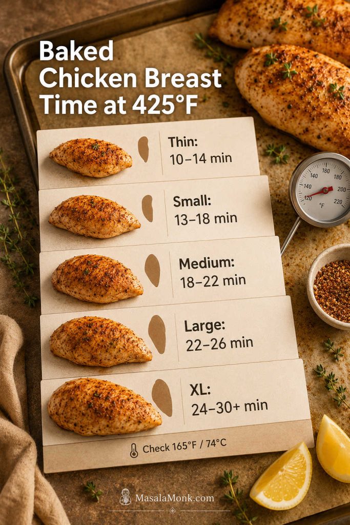 Baked chicken breast time chart at 425°F with timing for thin, small, medium, large, and extra-large pieces.