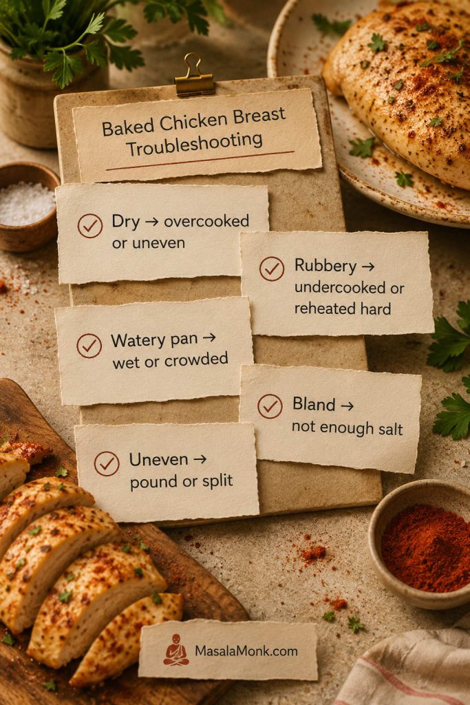 Troubleshooting guide for baked chicken breast with fixes for dry, rubbery, watery, bland, and uneven chicken.