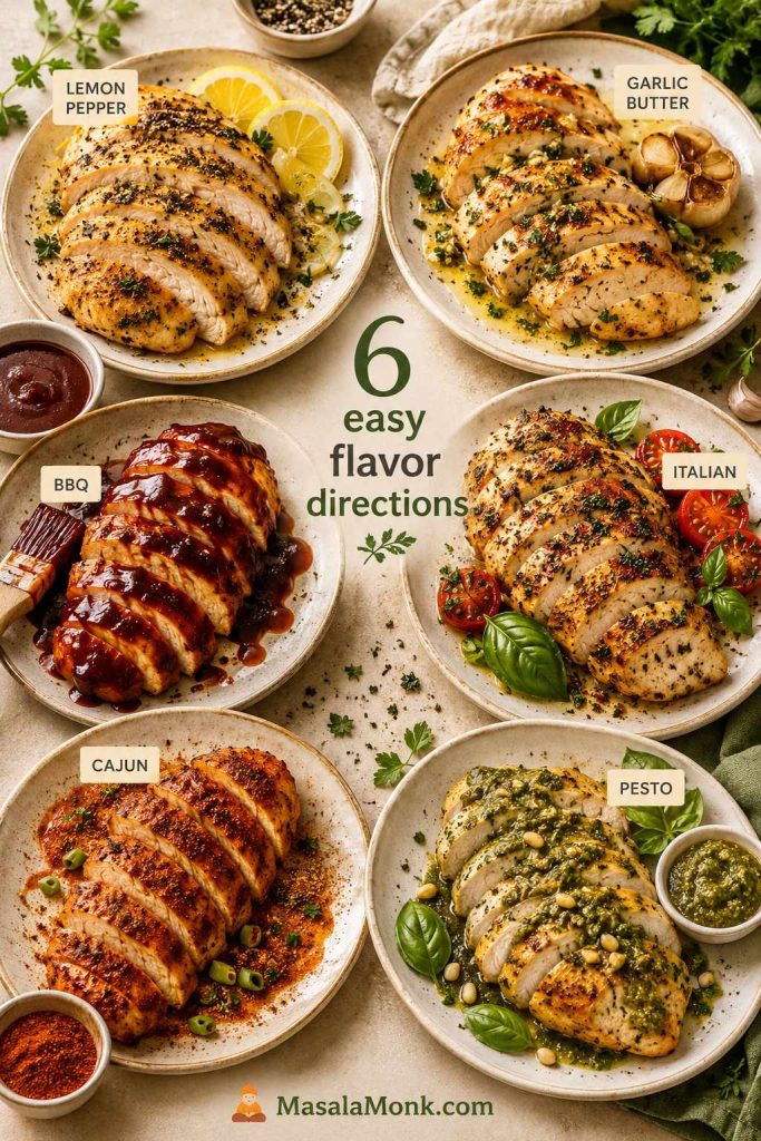 Six baked chicken breast flavor variations including lemon pepper, garlic butter, BBQ, Italian, Cajun, and pesto.