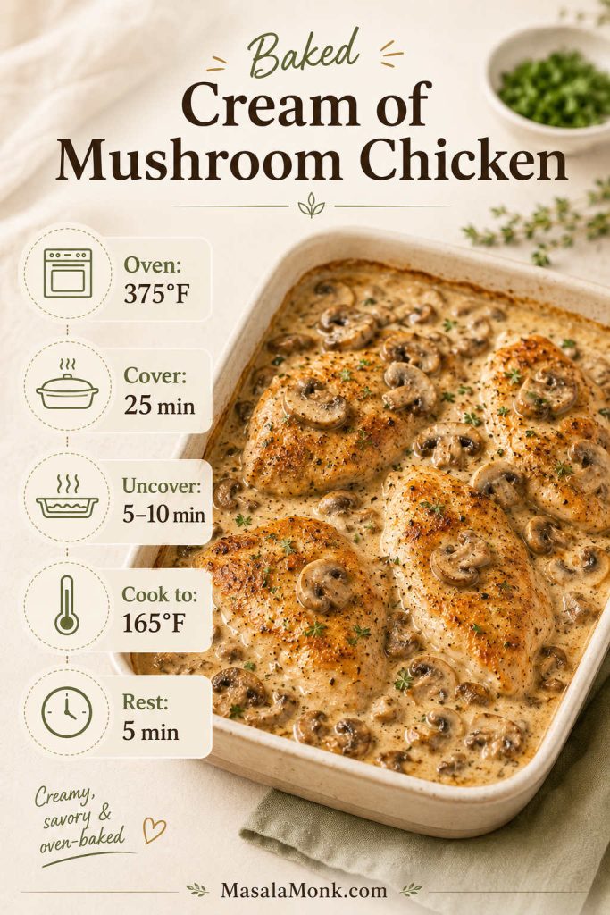 Baked cream of mushroom chicken guide showing 375°F oven, covered baking, uncovered finish, 165°F temperature, and resting time.