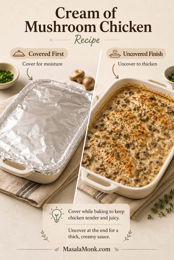 Comparison of covered and uncovered baked cream of mushroom chicken in a casserole dish.