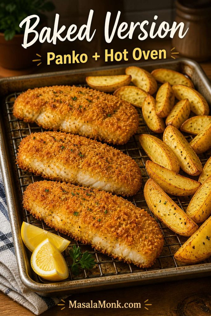 Panko-coated baked fish with oven chips or potato wedges on a sheet pan.