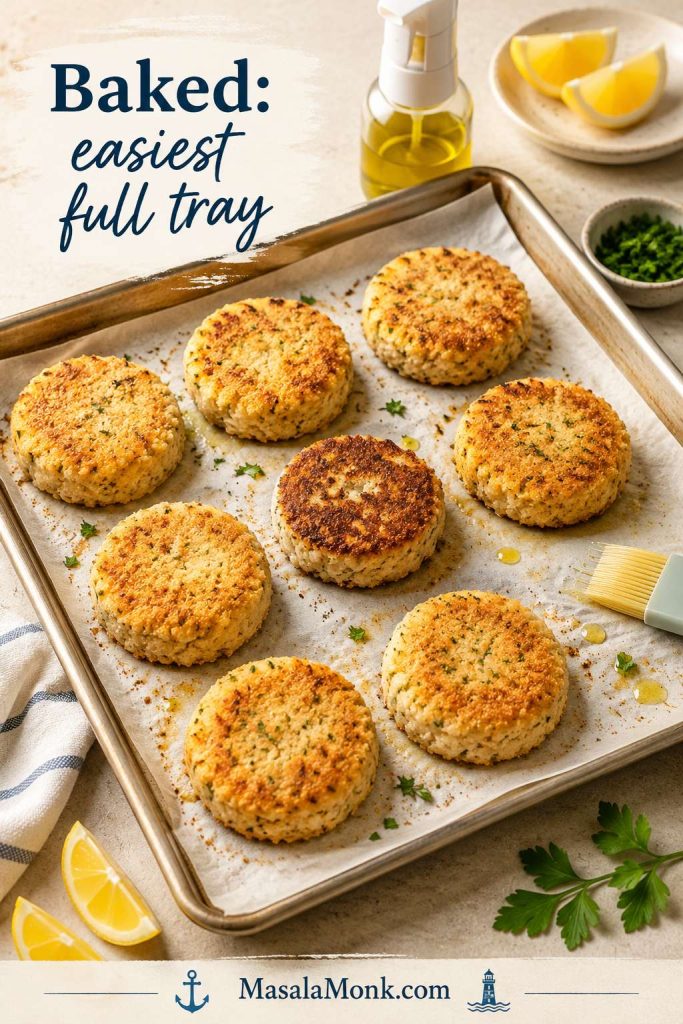 Baked fish cakes on a parchment-lined tray with lemon, herbs, oil spray, and a golden breadcrumb crust