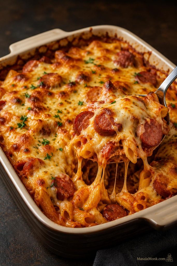 Baked kielbasa pasta casserole with browned melted cheese, sausage slices, pasta, tomato sauce, and a spoon lifting a cheesy serving.