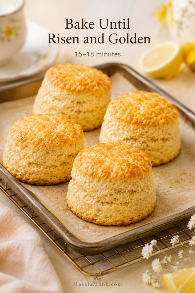Freshly baked lemonade scones with lightly golden tops on a tray or cooling rack.
