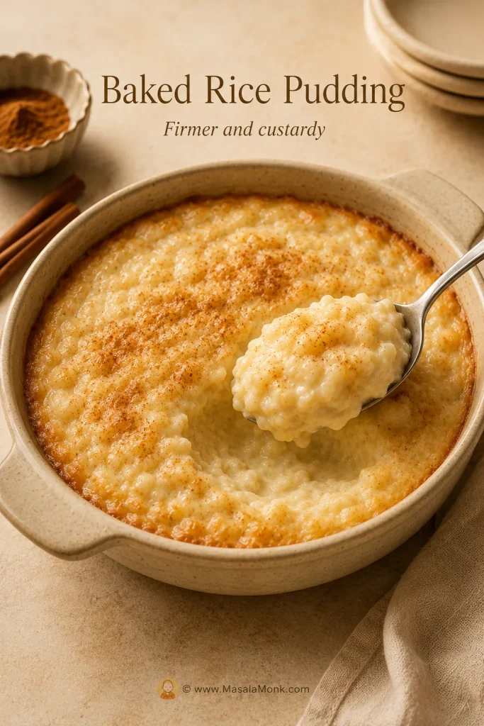 Baked rice pudding in a ceramic dish with golden edges and a spoonful showing the custardy interior.