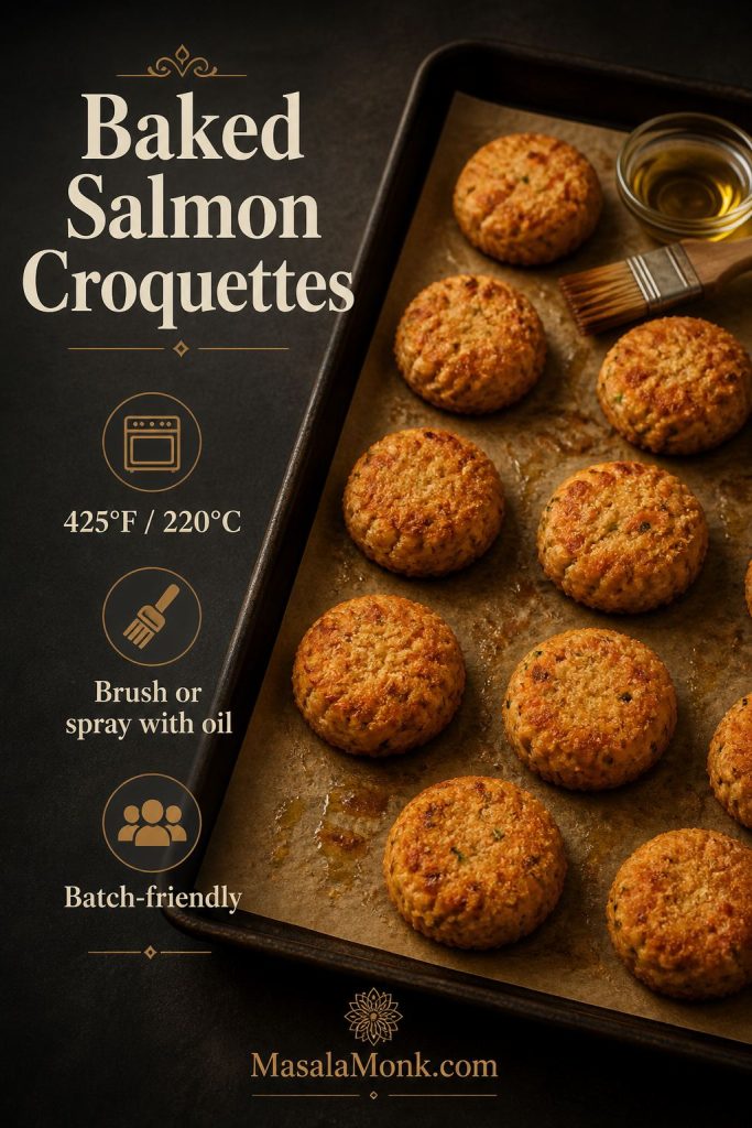 Baked salmon croquettes on a parchment-lined sheet pan with oil brush and small bowl of oil