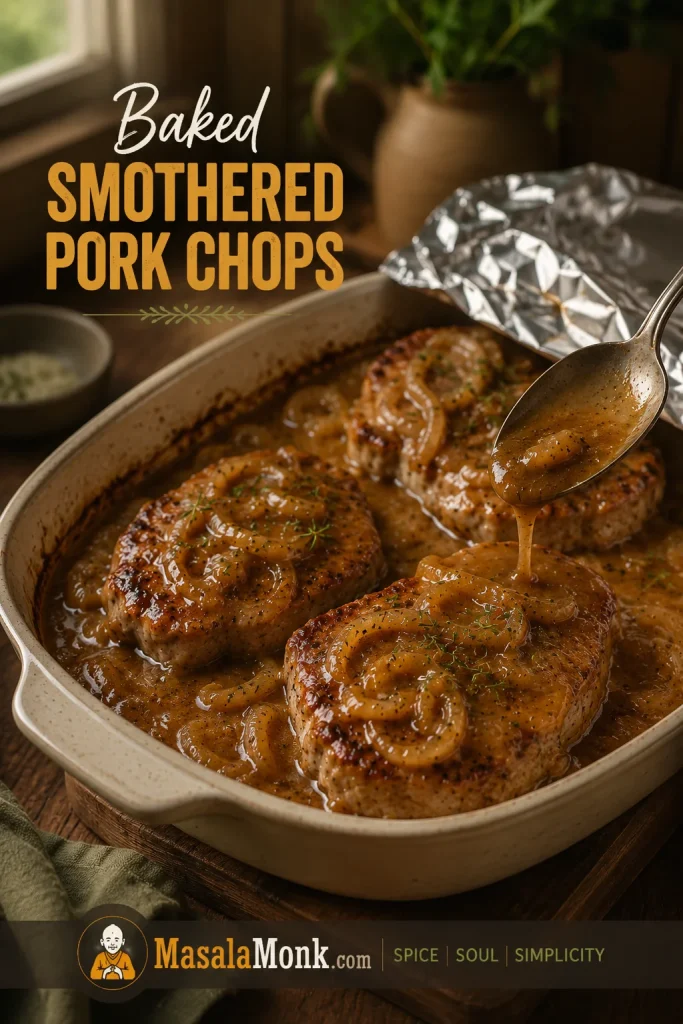 Baked smothered pork chops in a ceramic dish with onion gravy, browned tops, and foil pulled back.