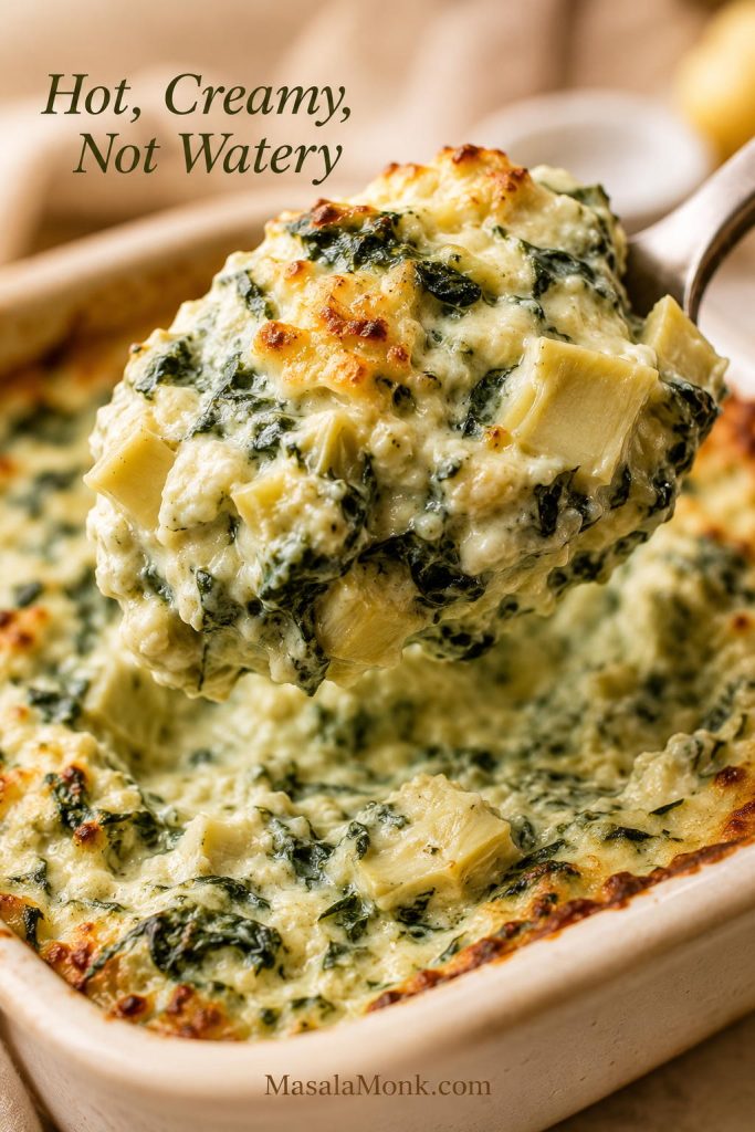Close-up of hot spinach artichoke dip being scooped from a baked dish with creamy cheese, spinach, artichokes, and a golden edge.