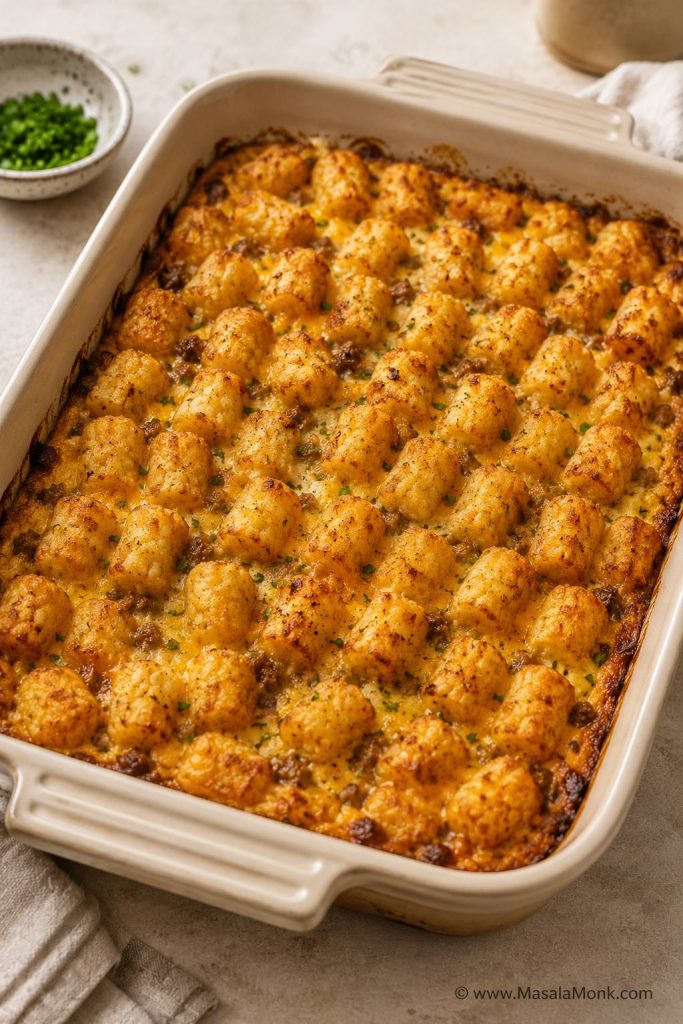 Baked tater tot breakfast casserole with golden-browned tots, melted cheese, and crisp edges in a ceramic dish.
