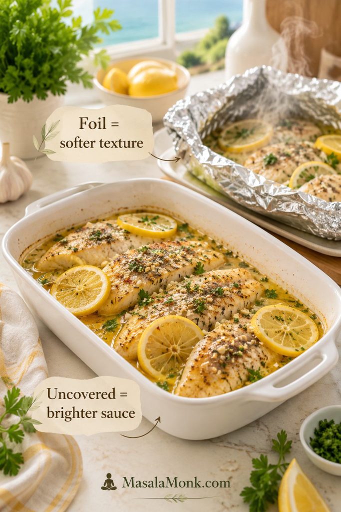 Covered and uncovered baked tilapia comparison showing an uncovered saucy baking dish and a foil packet with steam.