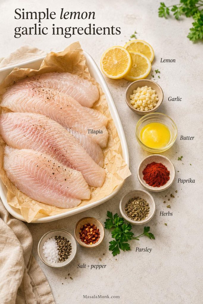Ingredients for baked tilapia including raw tilapia fillets, lemon, garlic, butter, paprika, herbs, parsley, salt, and pepper.