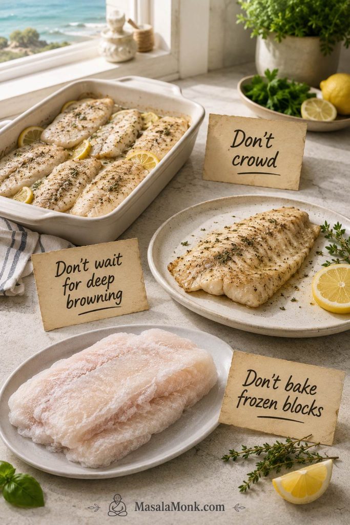 Common baked tilapia mistakes showing a crowded pan, an overcooked fillet, and frozen fillets stuck together.