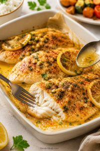 Lemon garlic baked tilapia in a white ceramic baking dish with lemon slices, parsley, paprika, and butter sauce.