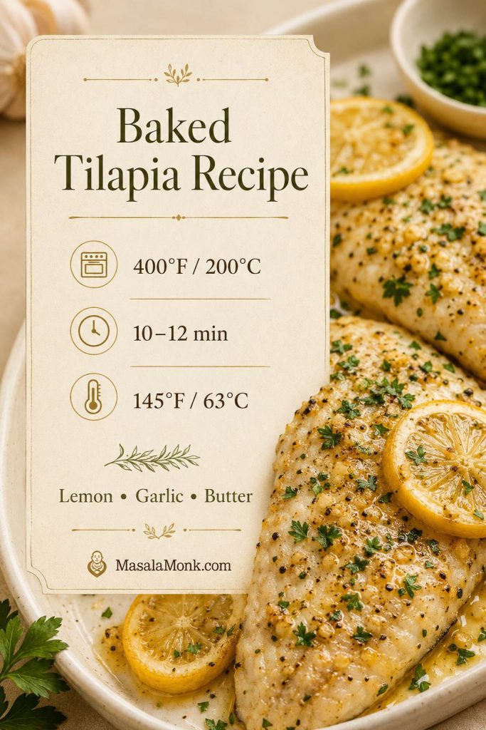 Saveable baked tilapia recipe card showing 400°F, 10 to 12 minutes, 145°F, and lemon garlic butter cues beside cooked fish.
