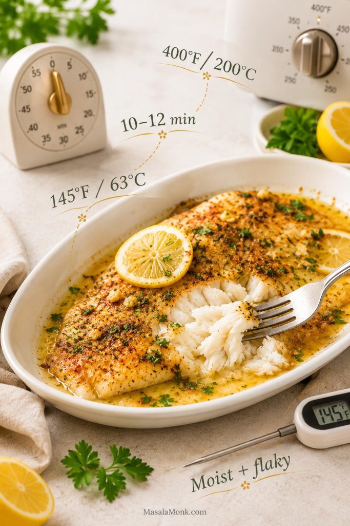 Baked tilapia timing guide showing a cooked fillet with 400°F, 10 to 12 minutes, and 145°F temperature cues.