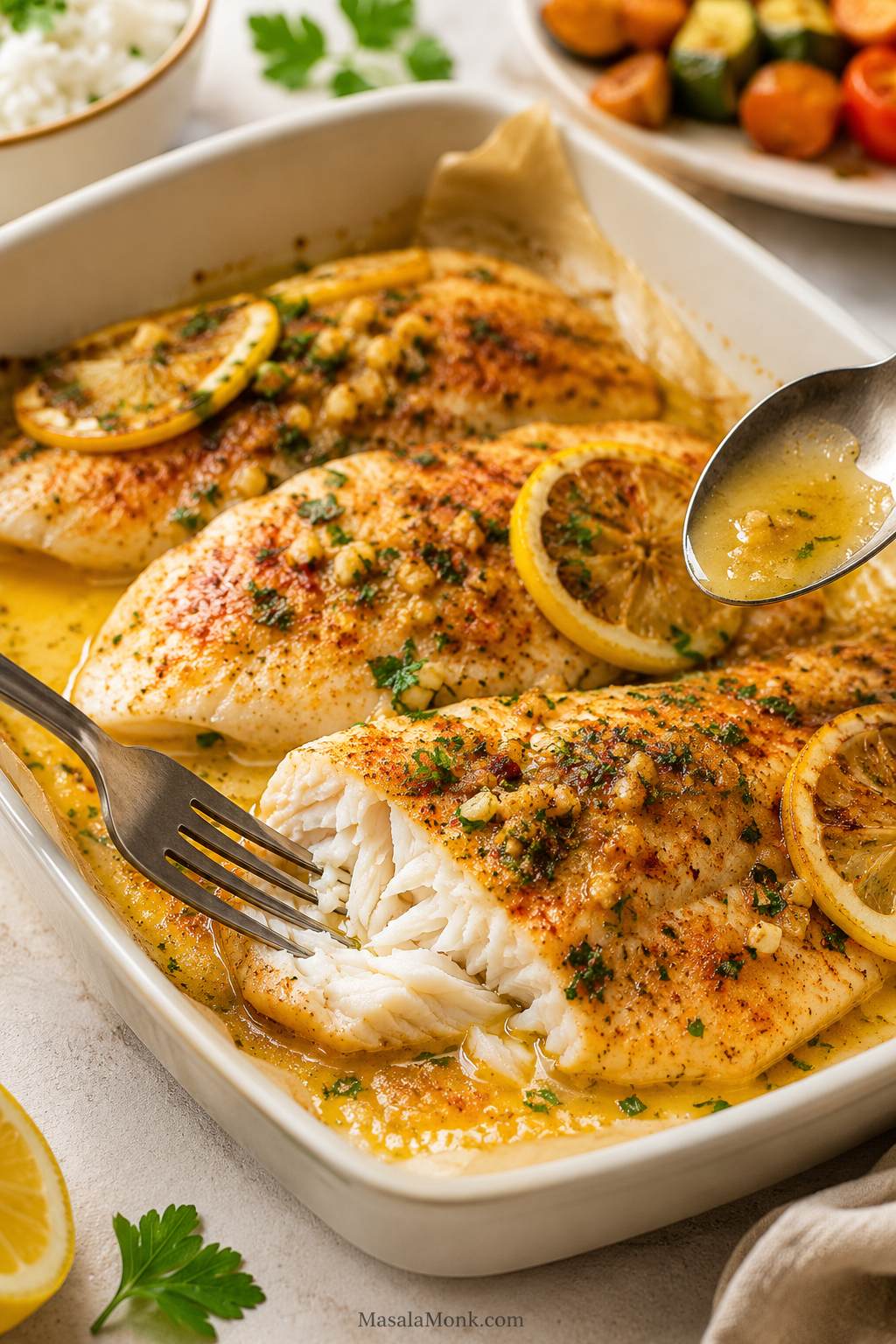 Lemon garlic baked tilapia in a white ceramic baking dish with lemon slices, parsley, paprika, and butter sauce.