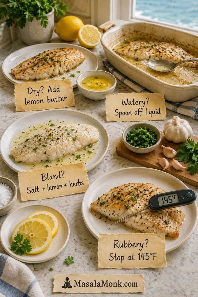 Troubleshooting guide for baked tilapia with dry, watery, bland, and rubbery fish fixes, including lemon butter and a 145°F thermometer.