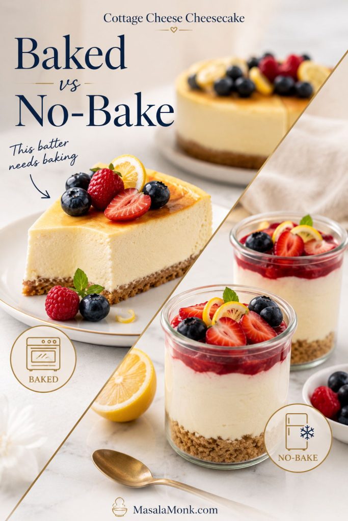 Baked cottage cheese cheesecake slice compared with no-bake cheesecake cups in jars