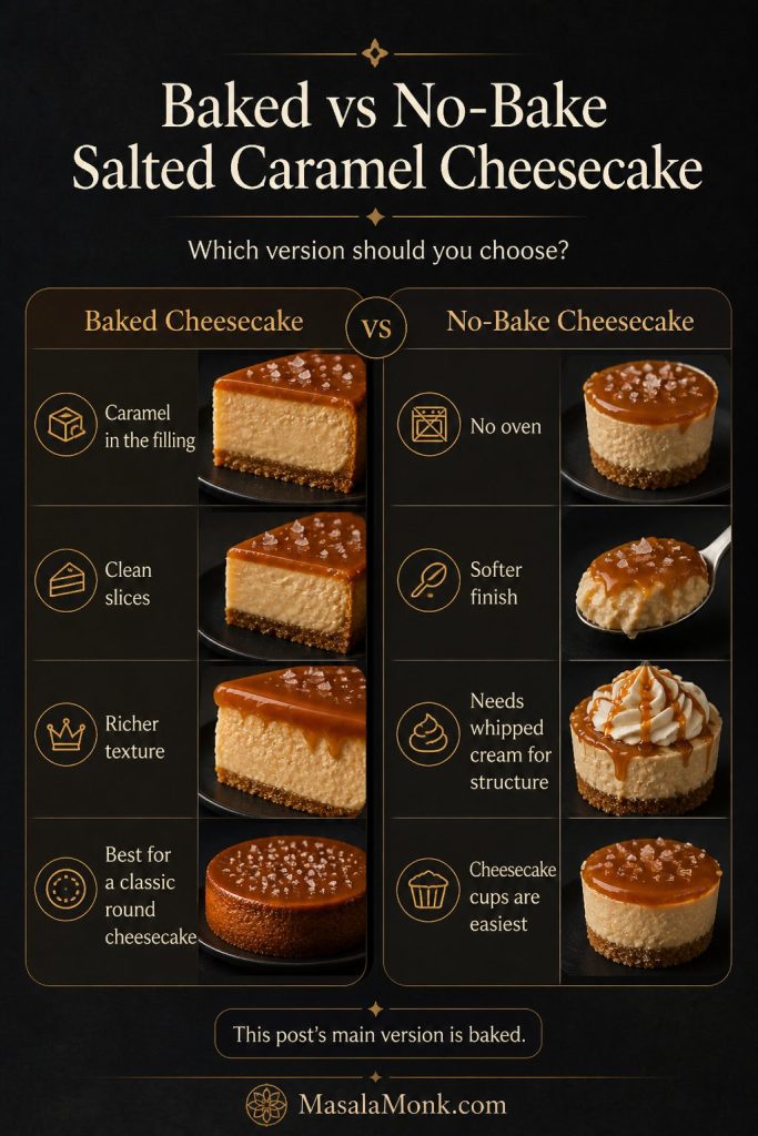 Comparison board showing baked salted caramel cheesecake and no-bake salted caramel cheesecake with notes about texture and best uses.