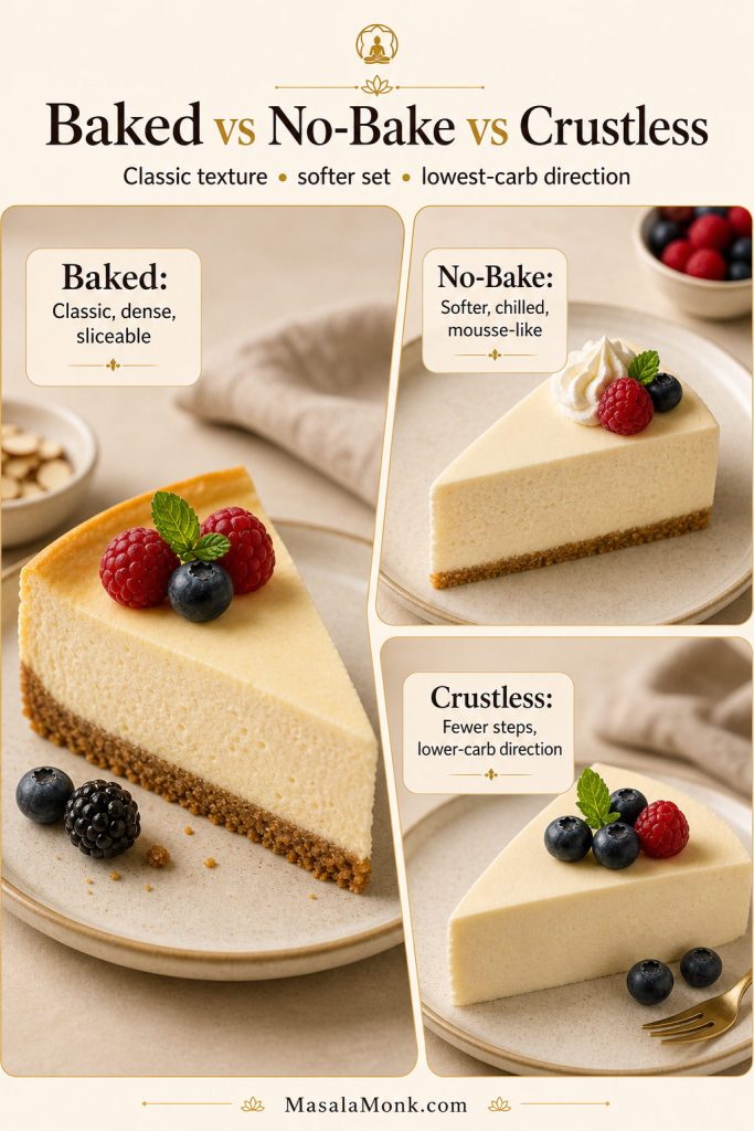 Comparison board showing baked keto cheesecake, no-bake keto cheesecake, and crustless keto cheesecake slices with texture notes.