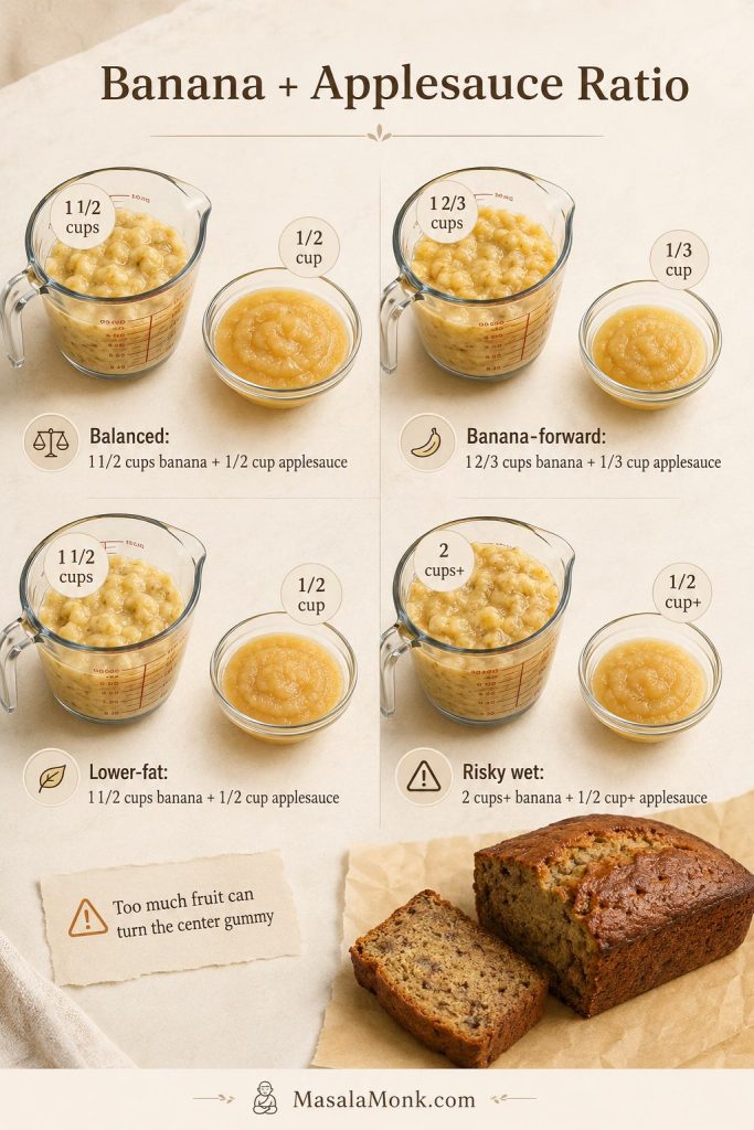 Banana and applesauce ratio guide showing balanced, banana-forward, lower-fat, and risky wet loaf options.