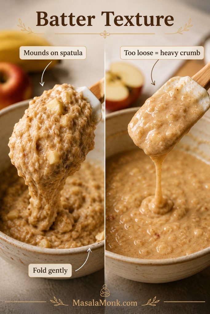Batter texture guide showing banana bread batter mounding on a spatula compared with batter that is too loose.