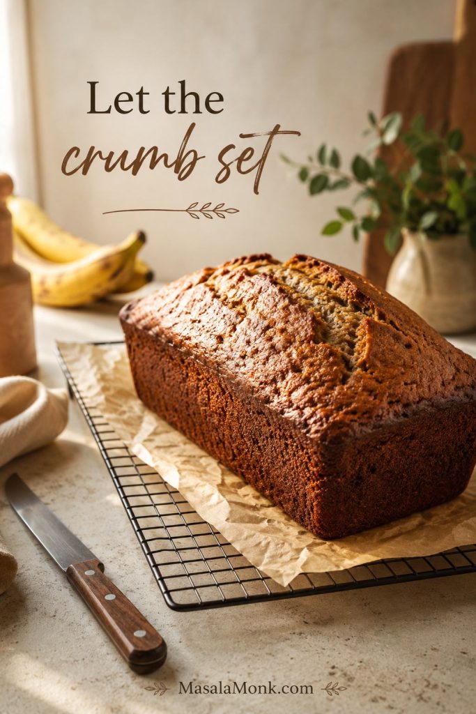 Whole sourdough banana bread loaf cooling on a rack with a knife nearby and the text “Let the crumb set.”
