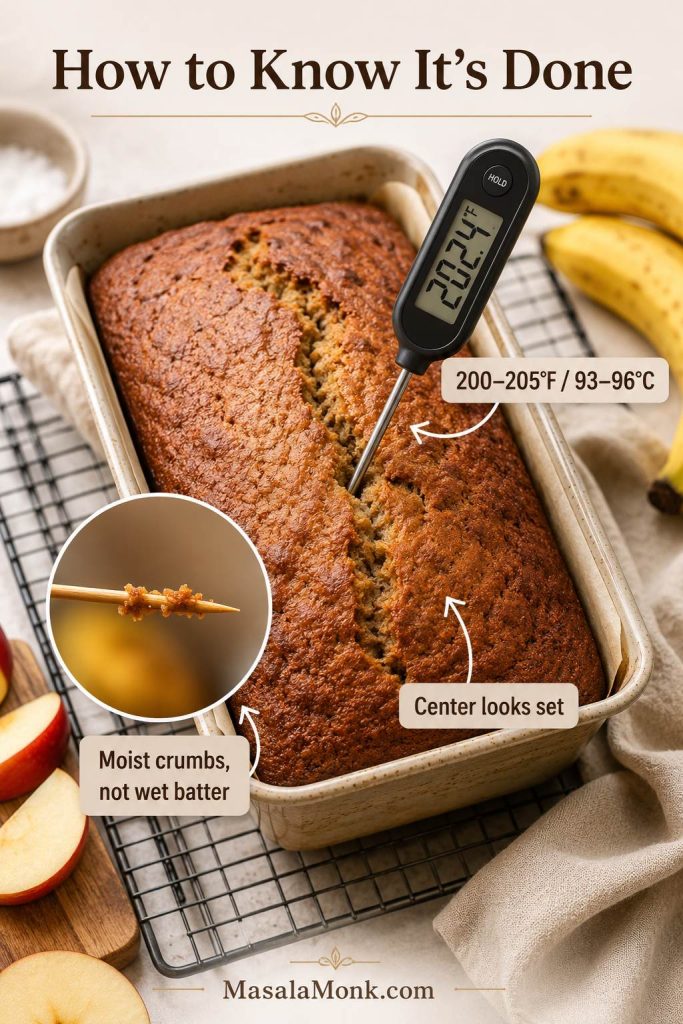 Doneness guide for banana bread with applesauce showing toothpick crumbs, a thermometer reading, and a set center.