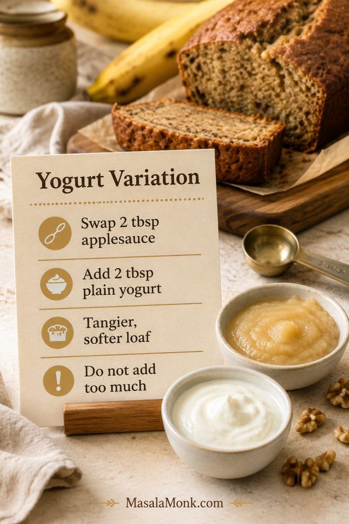 Yogurt variation for banana bread with applesauce showing yogurt, applesauce, measuring spoon, and a loaf slice.