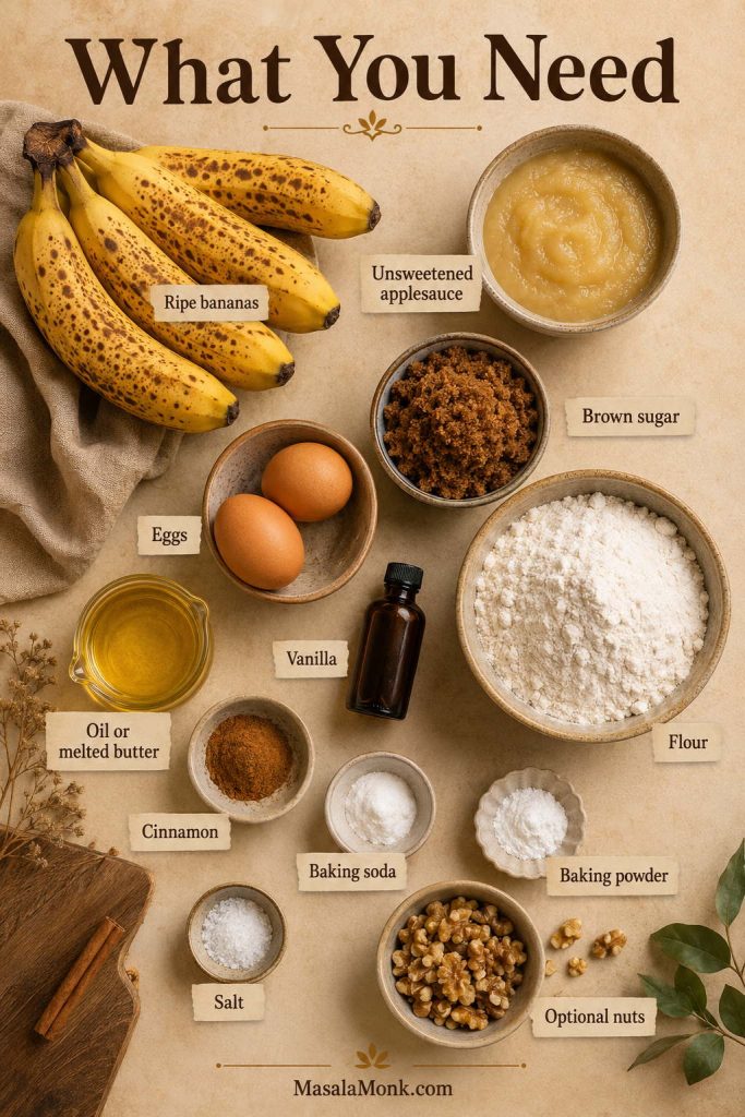 Labeled ingredients for banana bread with applesauce, including ripe bananas, applesauce, eggs, flour, brown sugar, oil, spices, and nuts.