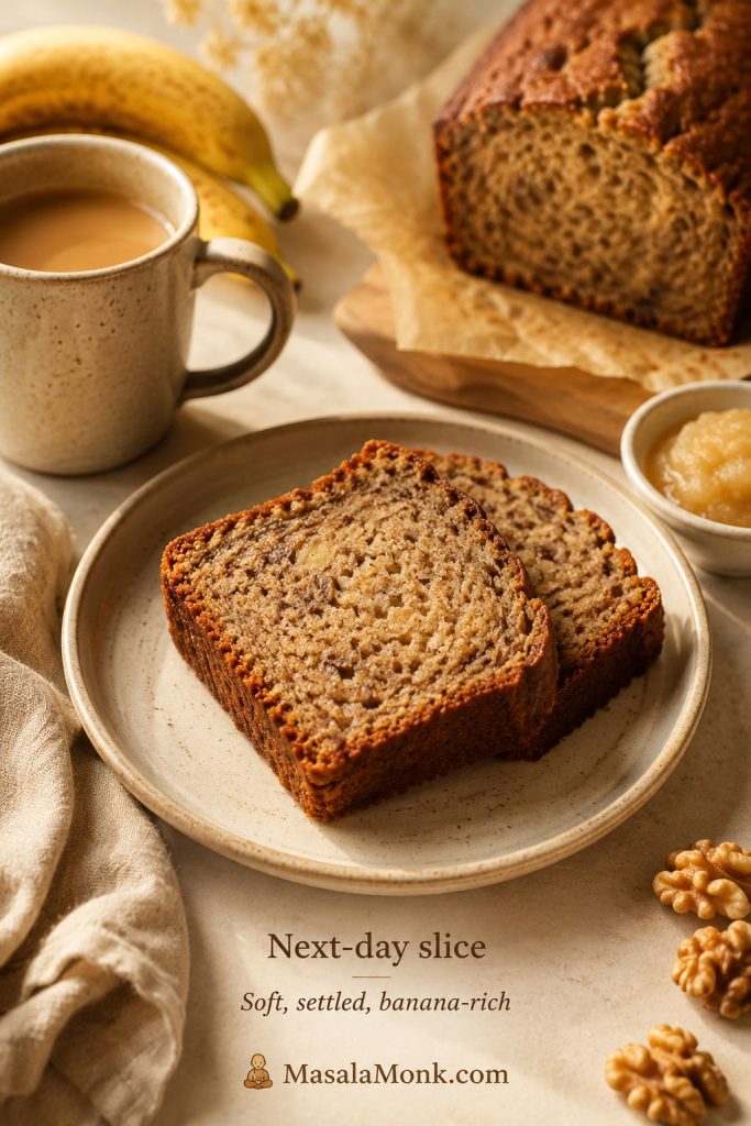 Next-day banana bread slices on a plate with coffee, applesauce, bananas, and warm morning light.