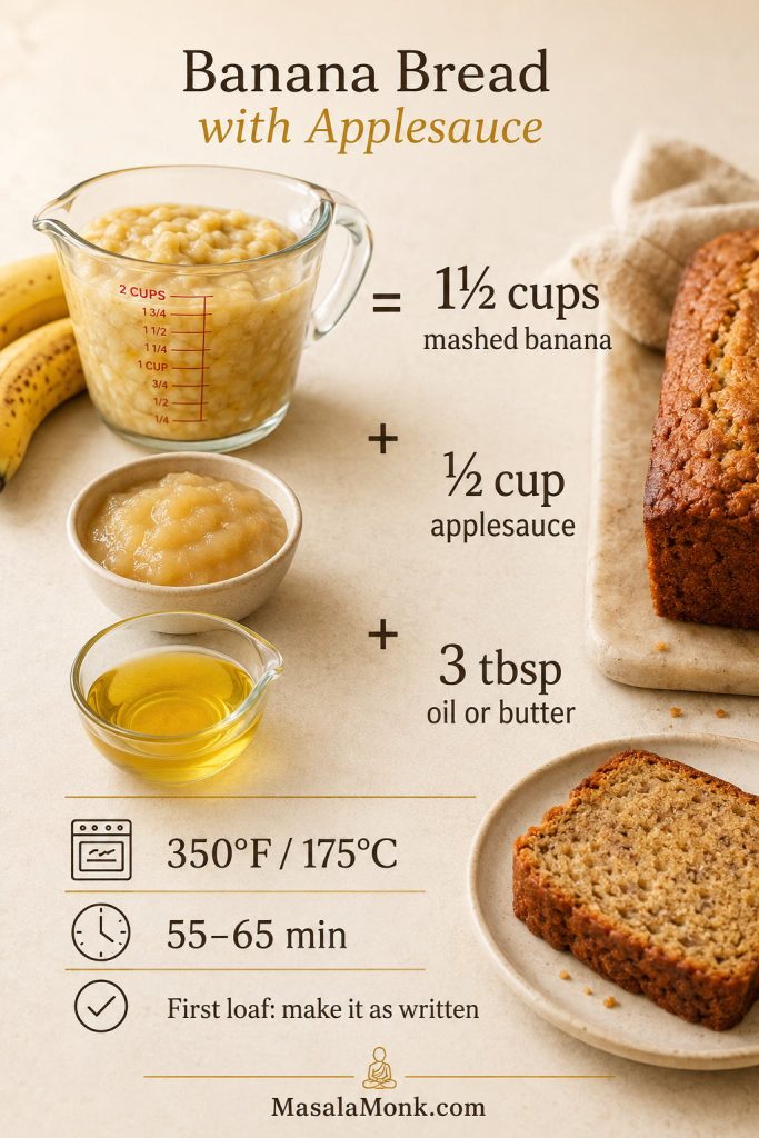 Quick answer ratio board for banana bread with applesauce showing mashed banana, applesauce, oil or butter, bake temperature, and time.