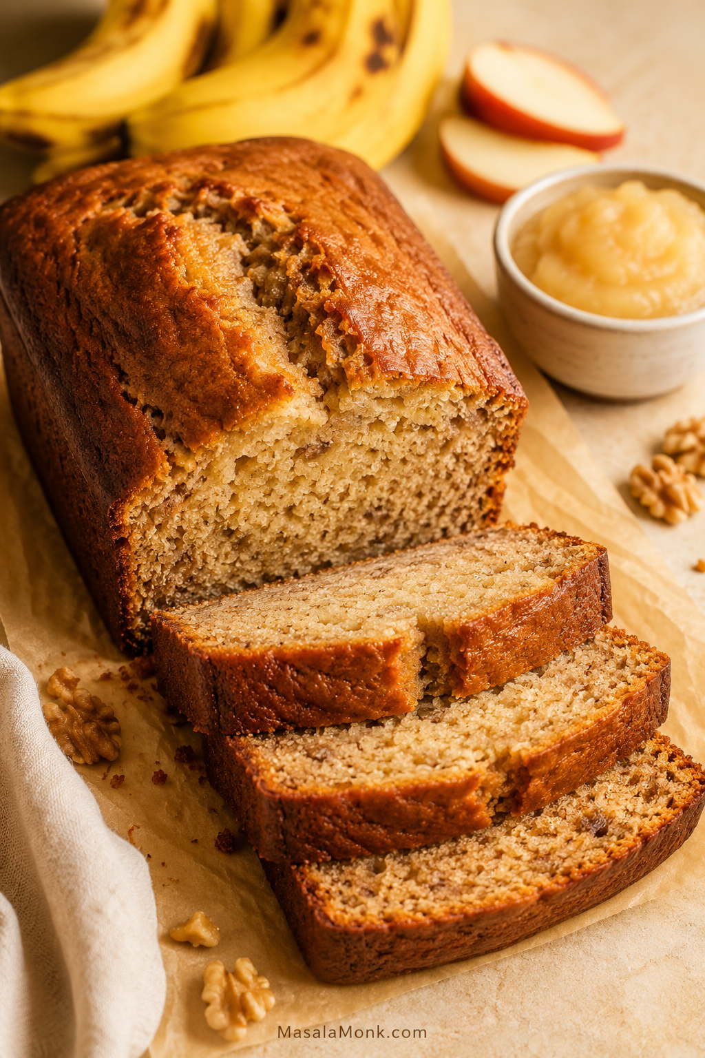 Sliced banana bread with applesauce on parchment, showing a soft set crumb with ripe bananas and applesauce nearby.