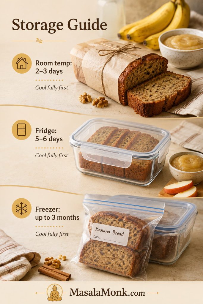 Storage guide for banana bread with applesauce showing wrapped loaf, fridge container, and freezer bag.