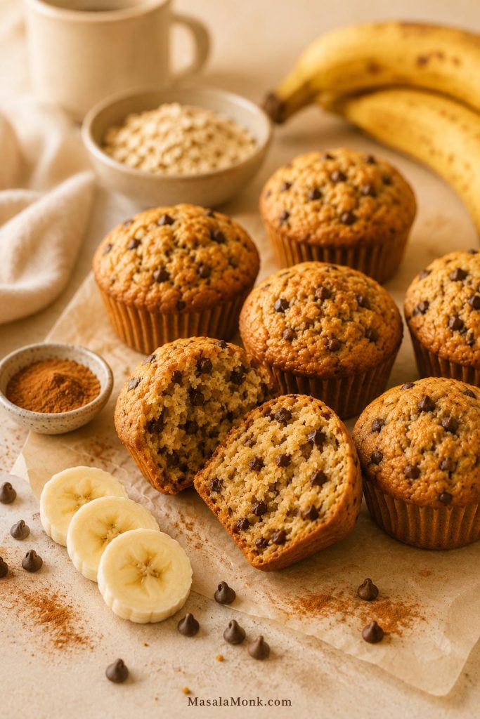 Banana chocolate chip high protein muffins with one muffin split open to show a moist crumb.