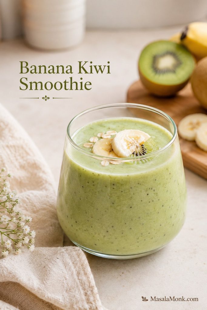 Creamy banana kiwi smoothie with banana slices and fresh kiwi garnish