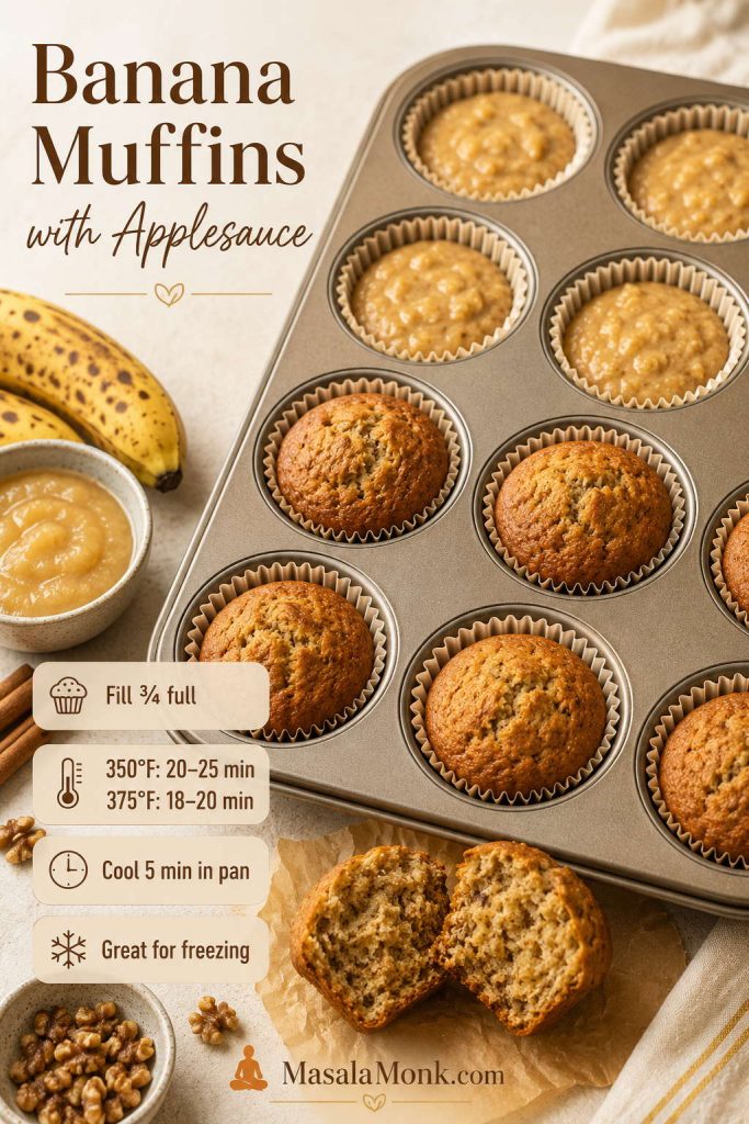 Banana muffins with applesauce in a lined muffin tin, with bake times, fill level, cooling cue, and split muffins showing crumb.