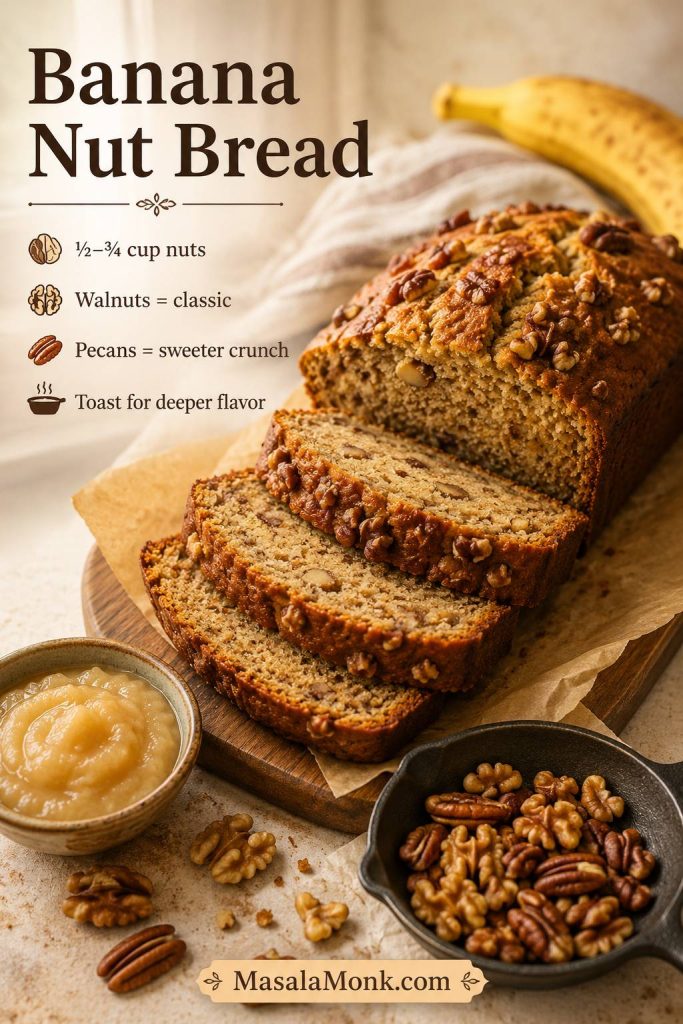 Banana nut bread with applesauce showing sliced loaf with walnuts, pecans, applesauce, and toasted nut cues.