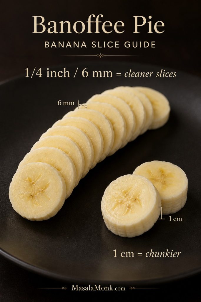 Banana slice thickness guide for Banoffee Pie showing 1/4 inch or 6 mm slices and a chunkier 1 cm slice.