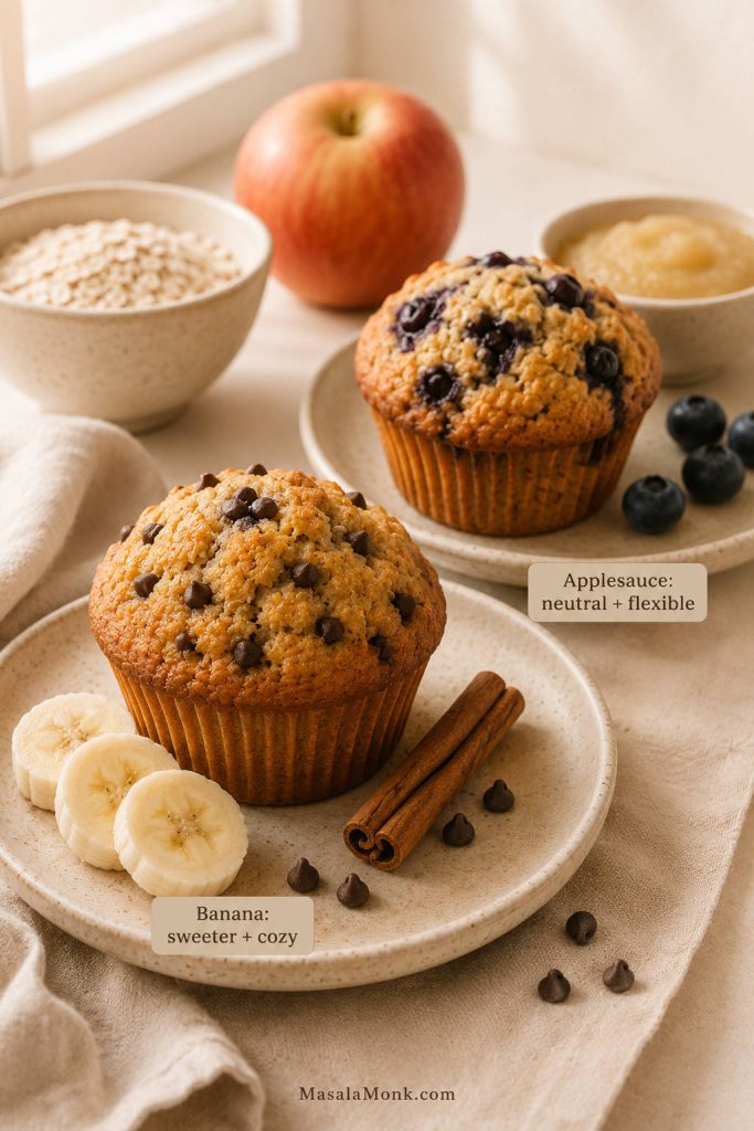Banana and applesauce high protein muffin comparison showing different moisture and flavor bases.