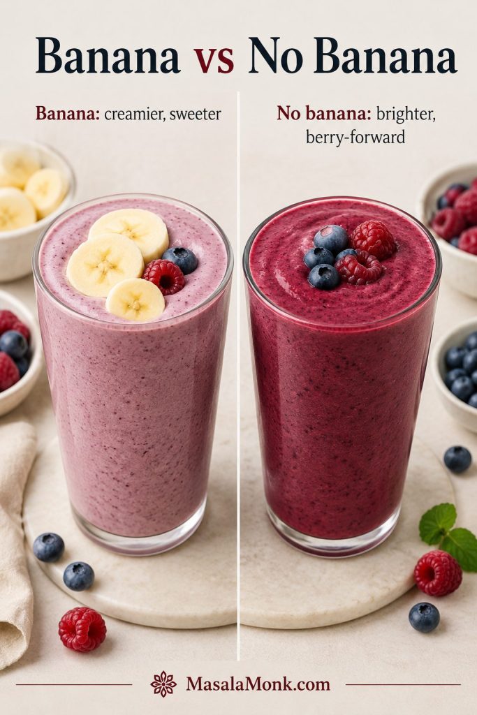 Banana and no-banana berry smoothies compared, with a creamier banana version and a darker berry-forward version.