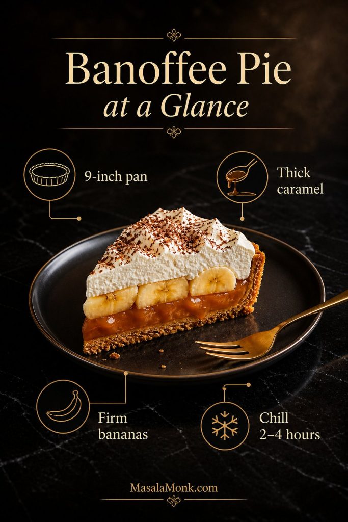 Banoffee Pie at-a-glance guide showing pan size, thick caramel, firm bananas, and 2 to 4 hour chill time.