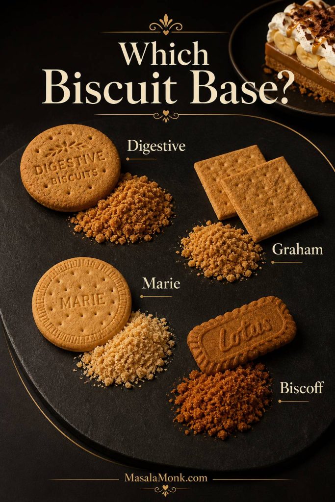 Digestive biscuits, graham crackers, Marie biscuits, and Biscoff compared as Banoffee Pie base options.