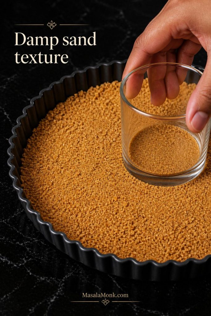 Biscuit crumb base being pressed into a tart tin with a flat-bottomed cup for Banoffee Pie.