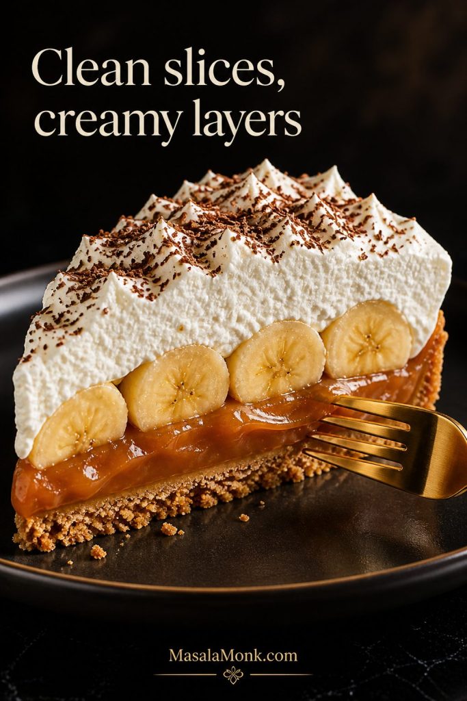 Clean slice of Banoffee Pie on a plate with visible biscuit base, caramel, banana layer, and whipped cream.