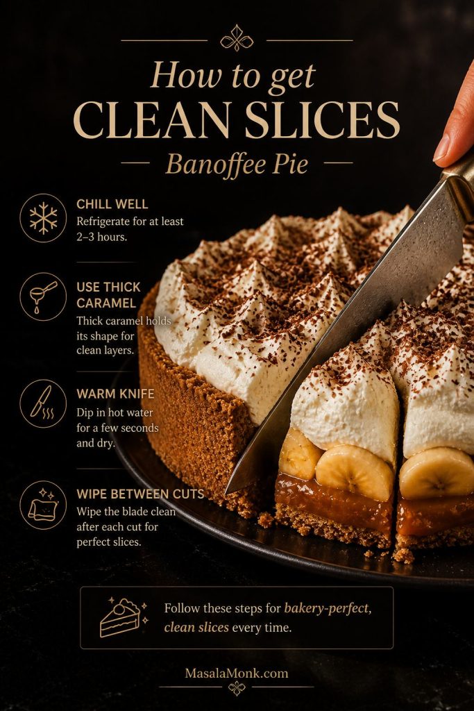 Clean-slice tips for Banoffee Pie with a knife cutting through a chilled pie and text cues for chilling, thick caramel, and wiping the knife.