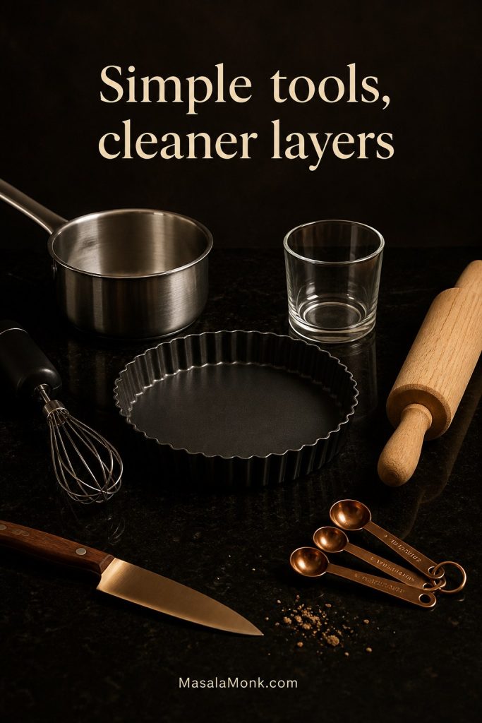 Tools for making Banoffee Pie, including a tart tin, saucepan, whisk, rolling pin, knife, glass, and measuring spoons.